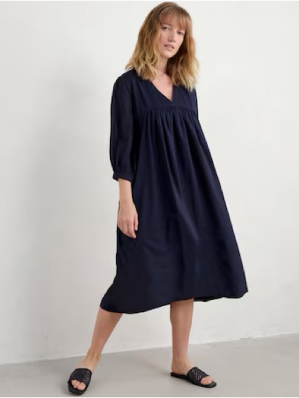 Seasalt Cornwall Earth Colors Navy Organic Cotton Voile Kaftan Dress